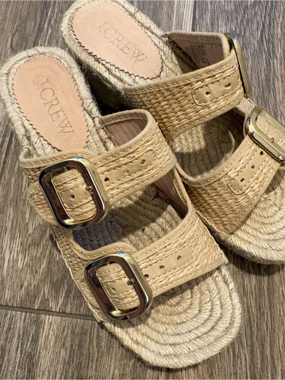J. Crew Beige Raffia Double-Buckle Slide sandal with Gold Buckles